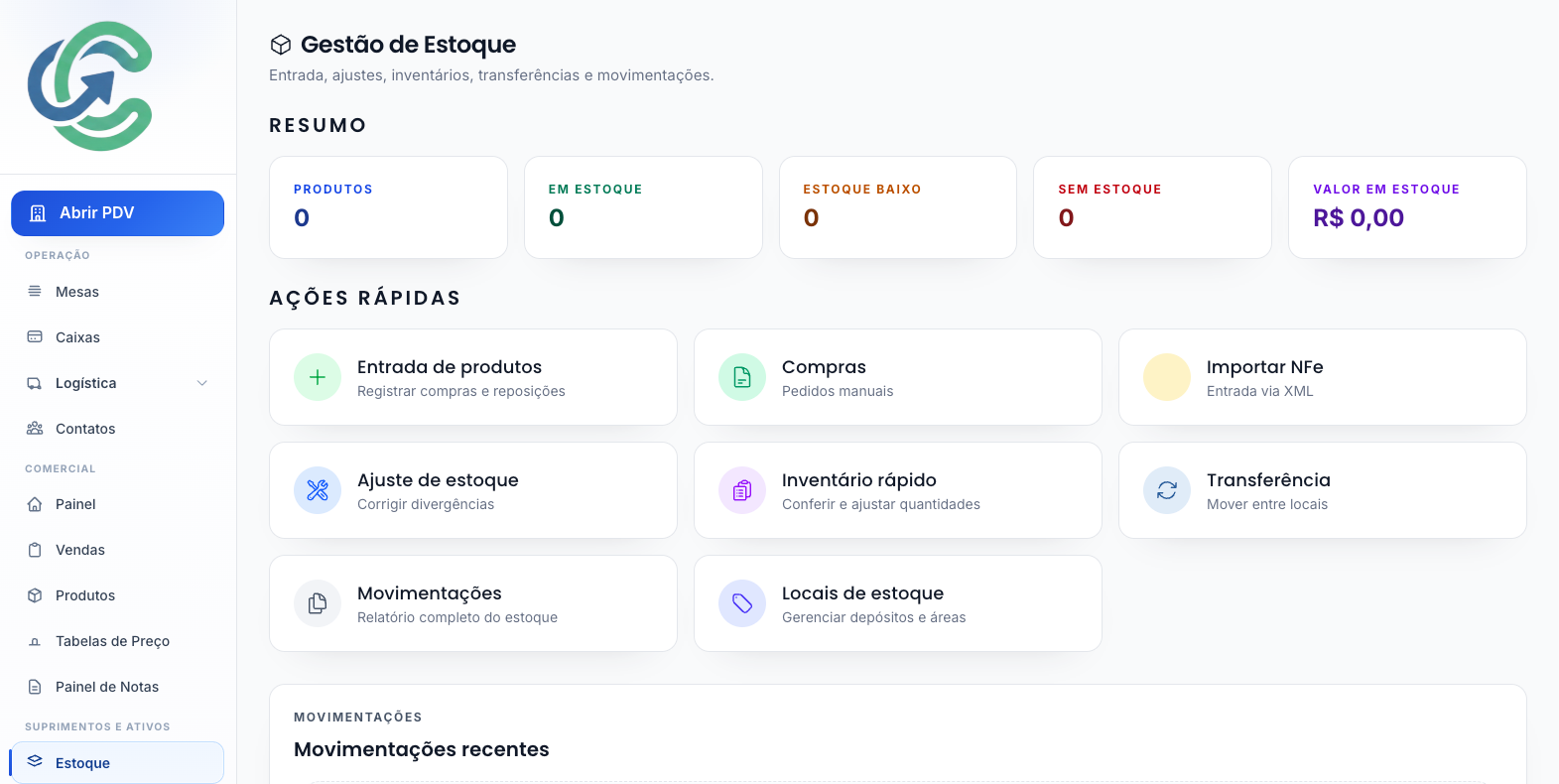 Tela de gestão de estoque com ações rápidas e visão resumida.